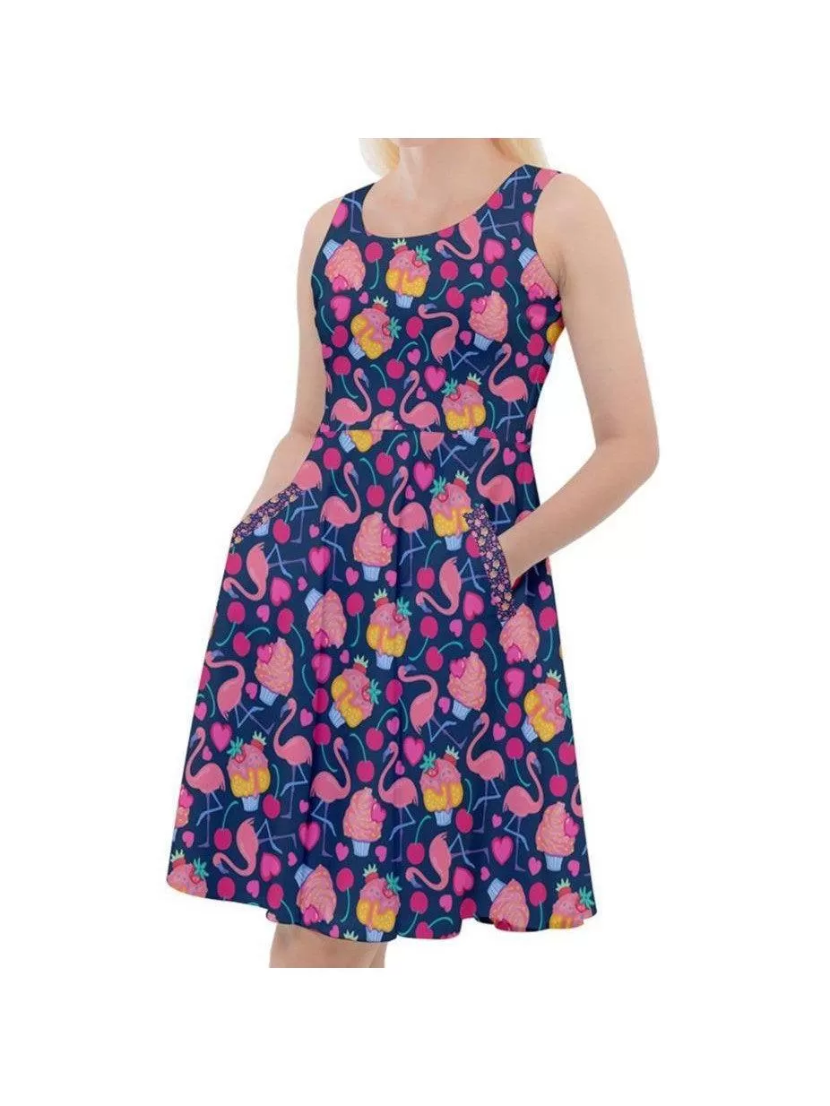 Flamingo Cupcakes Knee Length Skater Dress With Pockets