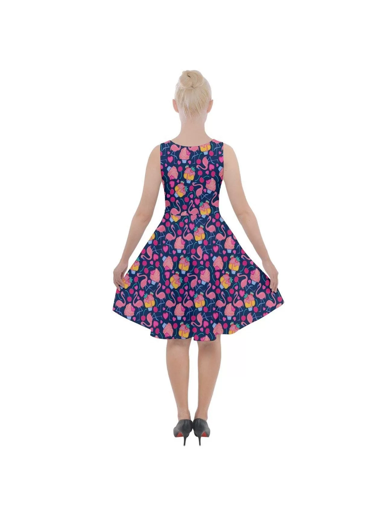 Flamingo Cupcakes Knee Length Skater Dress With Pockets