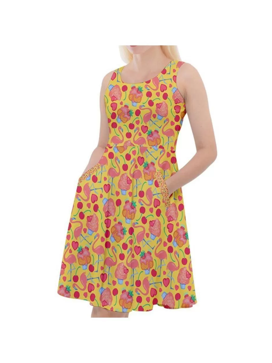 Flamingo Cupcakes Knee Length Skater Dress With Pockets