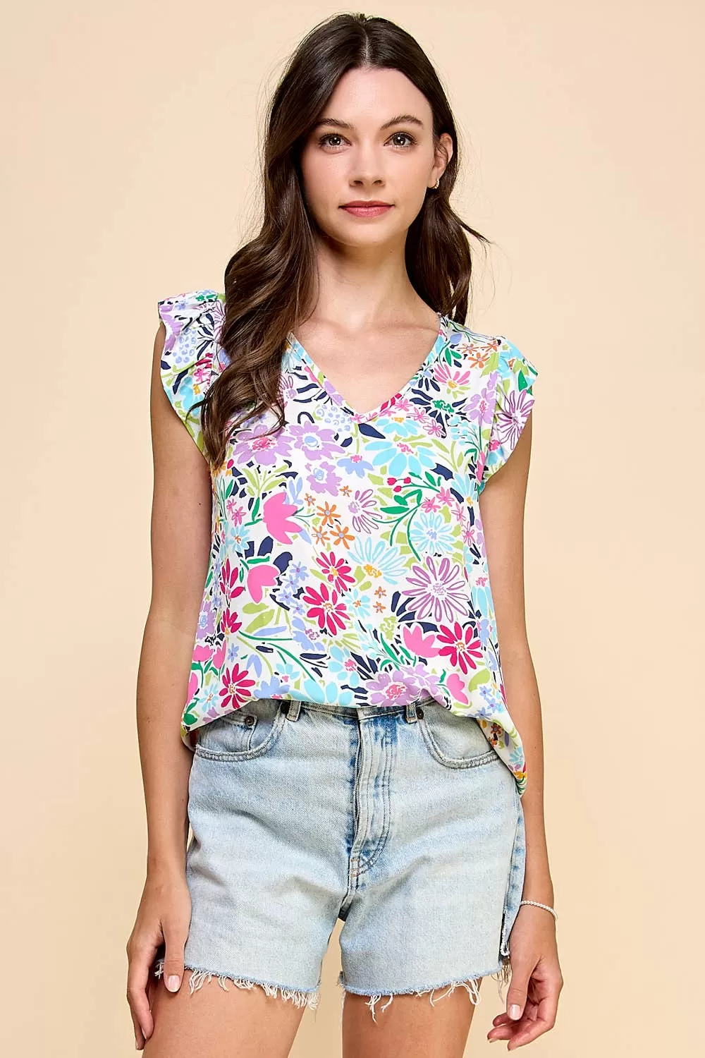 Floral Printed Top V Neck with Ruffled Sleeves