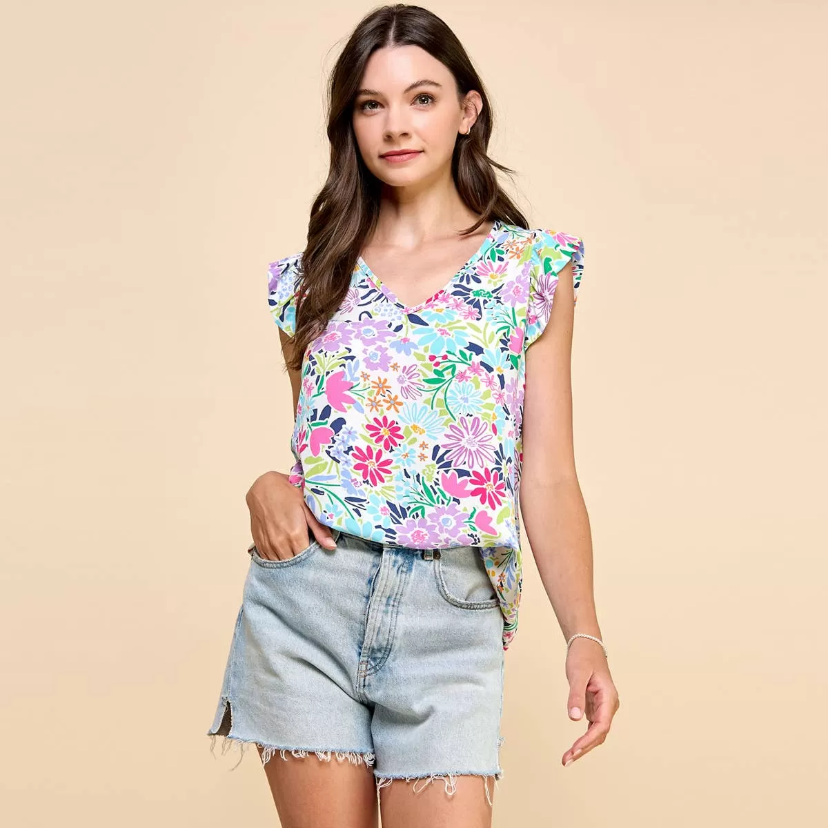 Floral Printed Top V Neck with Ruffled Sleeves