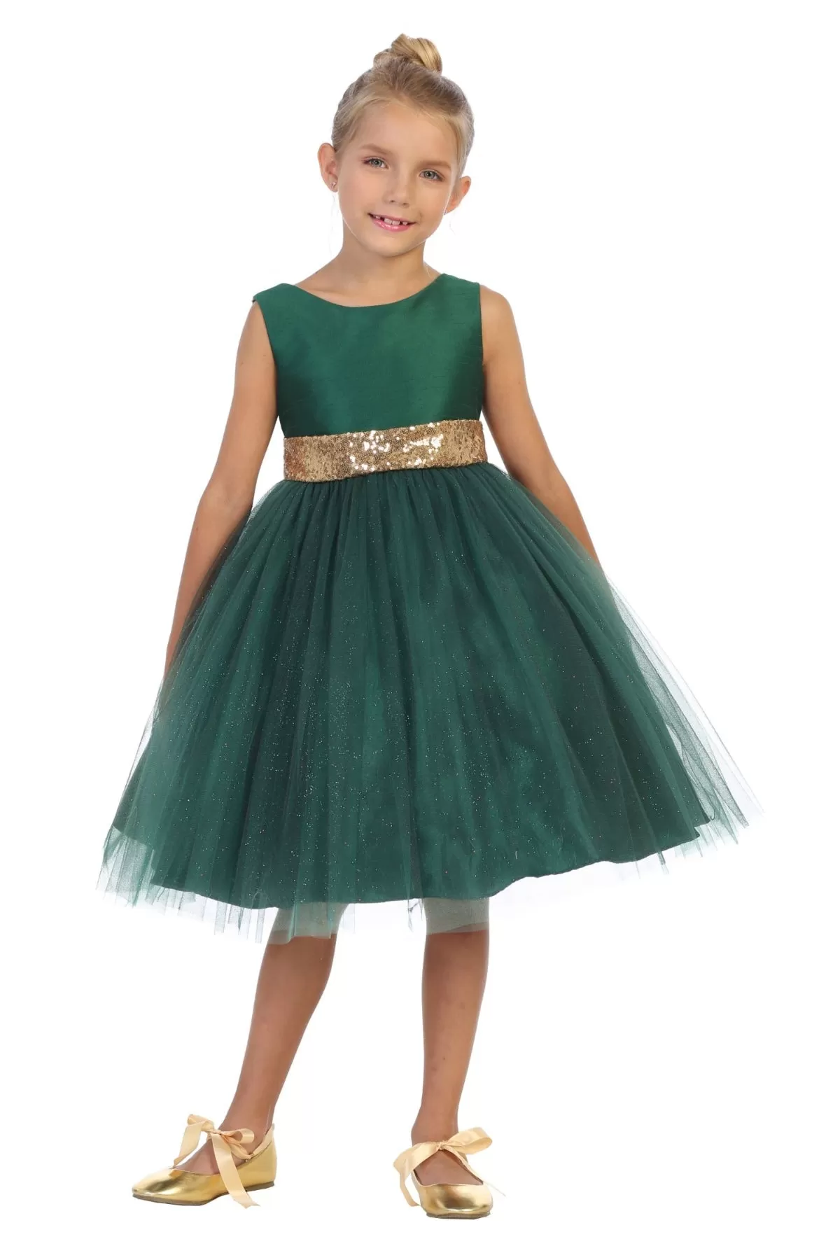 Gold Sequins V Back & Bow Girls Dress