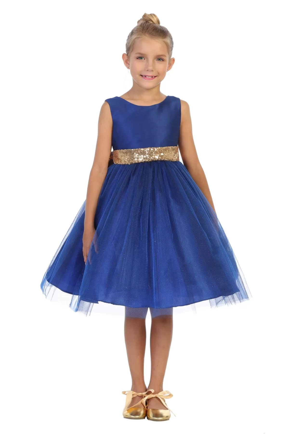 Gold Sequins V Back & Bow Girls Dress