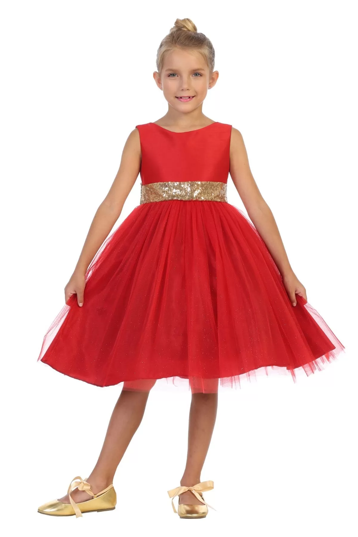 Gold Sequins V Back & Bow Girls Dress