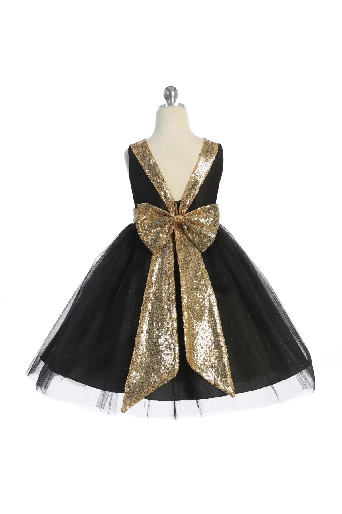 Gold Sequins V Back & Bow Girls Dress