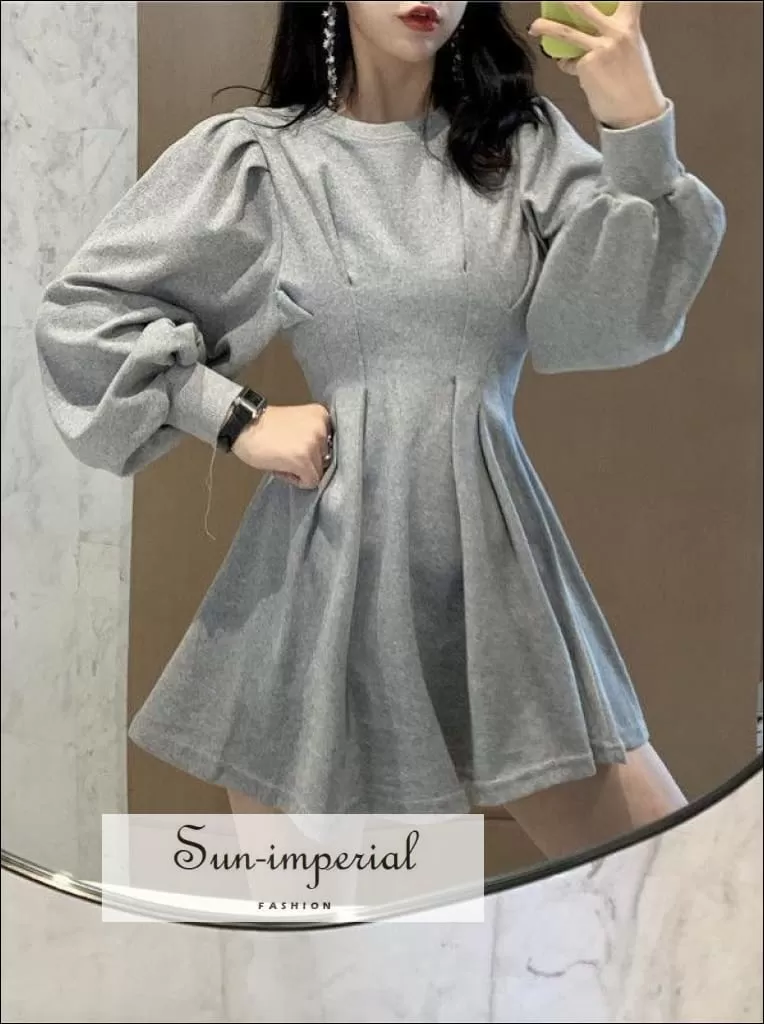 Grey Lantern Long Sleeve A- Line O Neck Casual Mini Dress