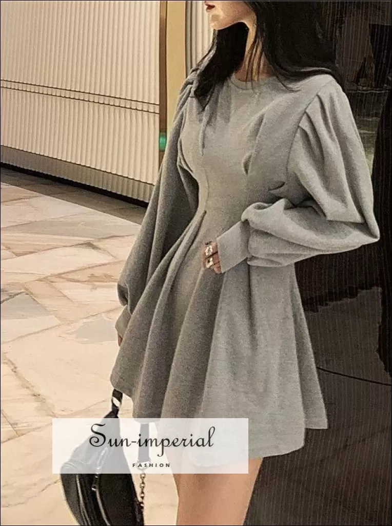 Grey Lantern Long Sleeve A- Line O Neck Casual Mini Dress