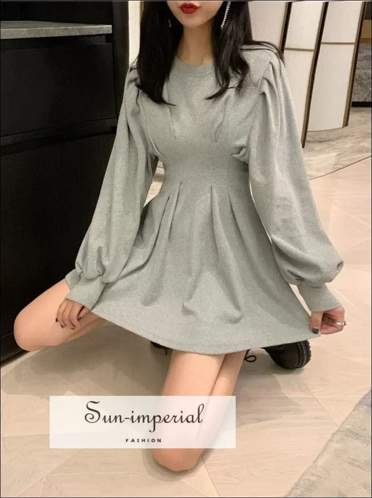 Grey Lantern Long Sleeve A- Line O Neck Casual Mini Dress