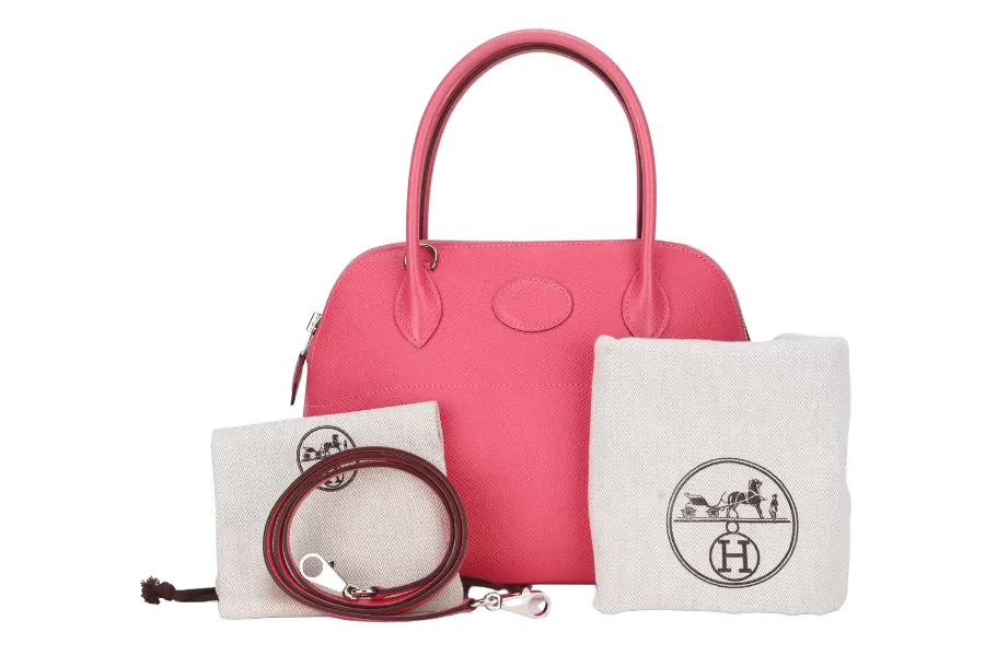 HERMES BOLIDE 27 (STAMP T) BUBBLEGUM PINK EPSOM LEATHER WITH STRAP, CARE CARD & DUST COVER