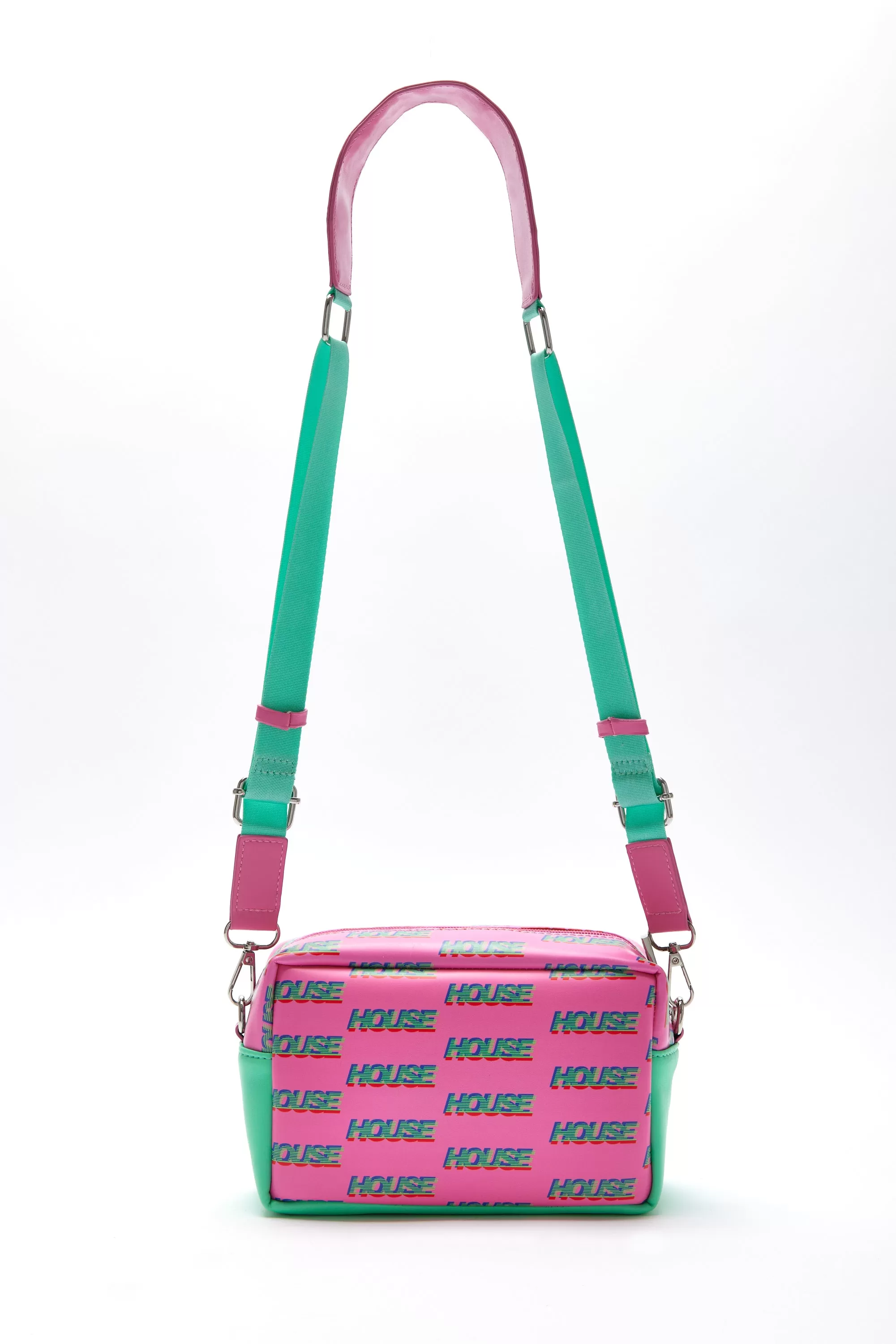 House Of Holland Cross Body Bag In Pink And Mint With ‘House’ Print