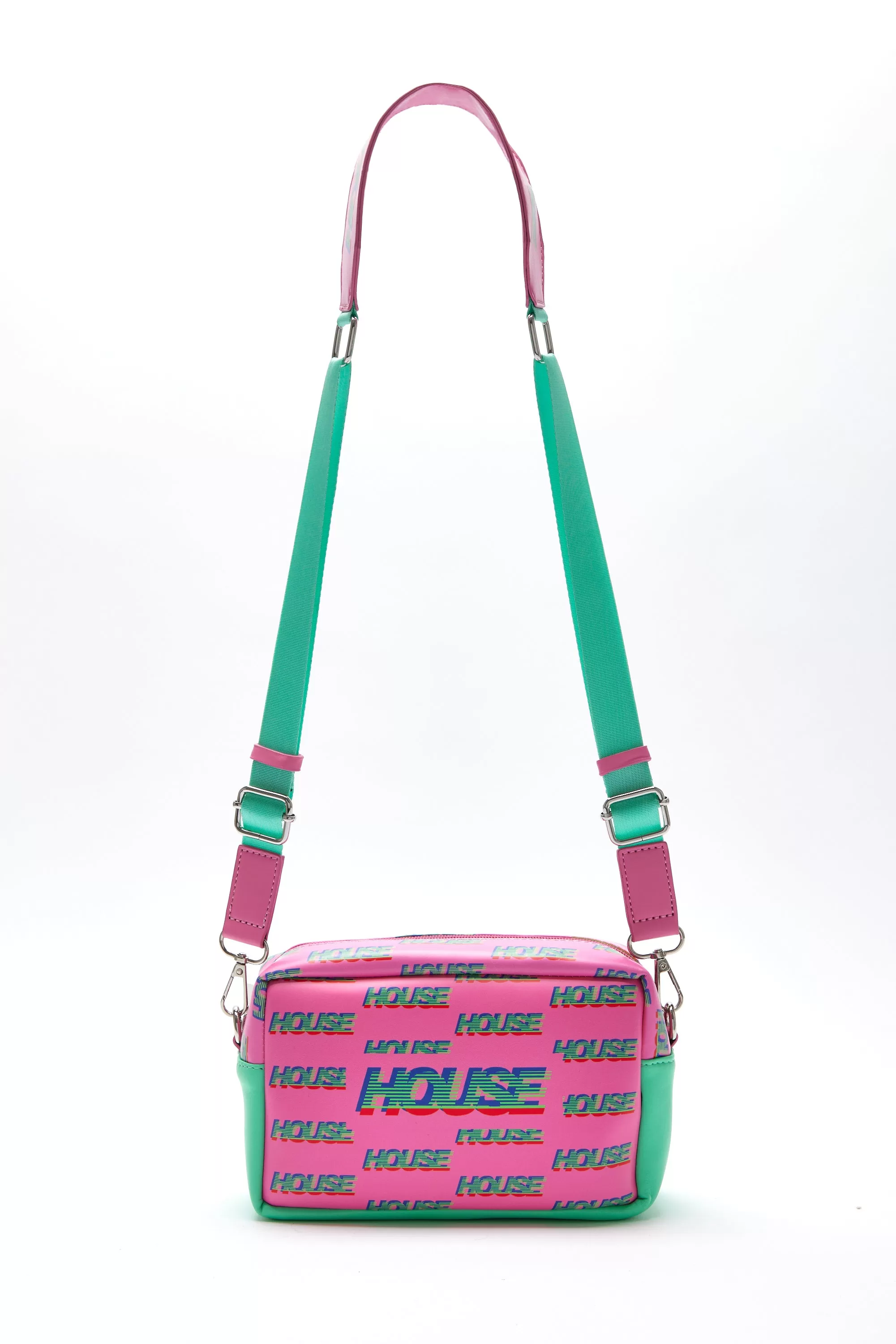 House Of Holland Cross Body Bag In Pink And Mint With ‘House’ Print