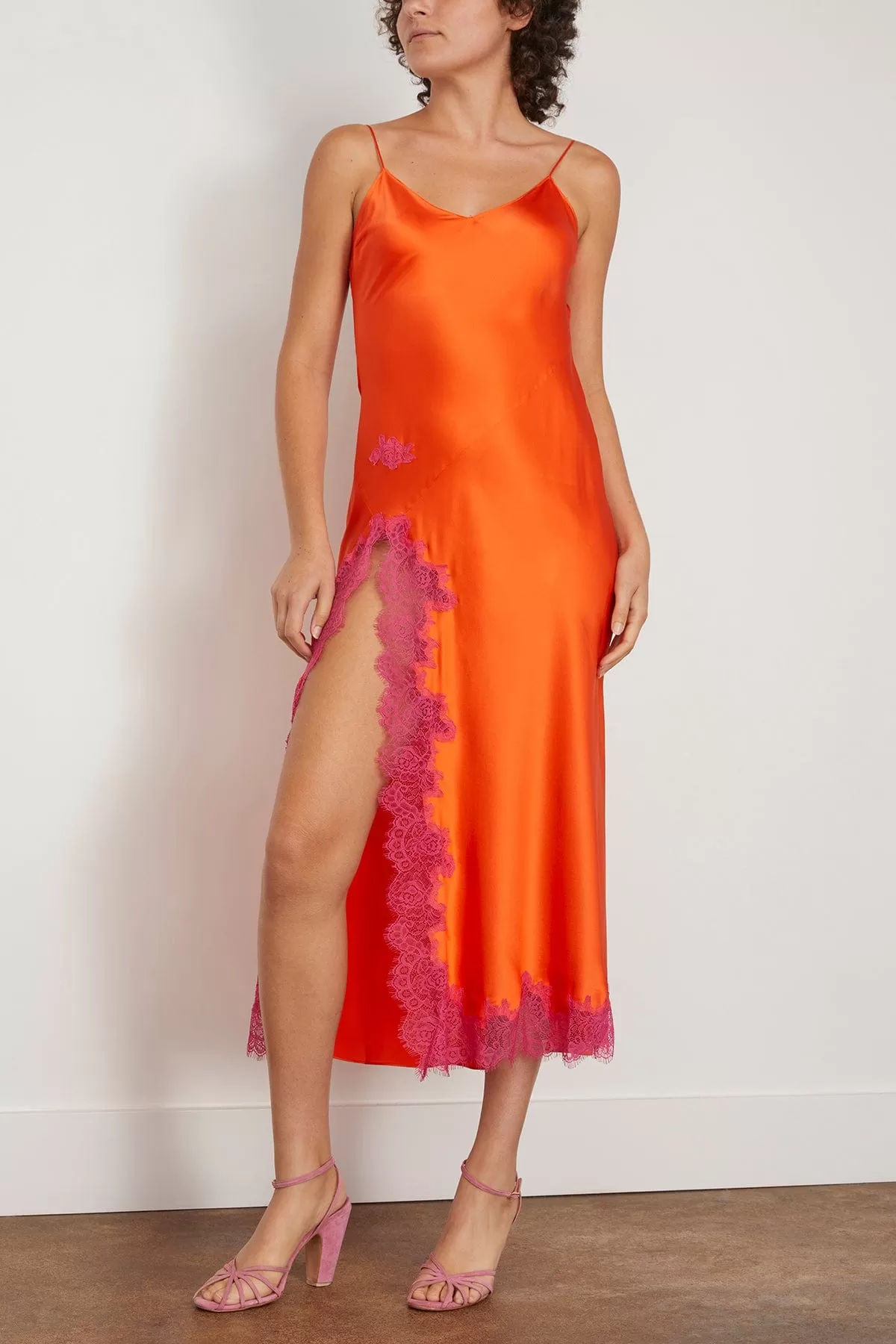 Lace Applique High Slit Slip in Tangerine