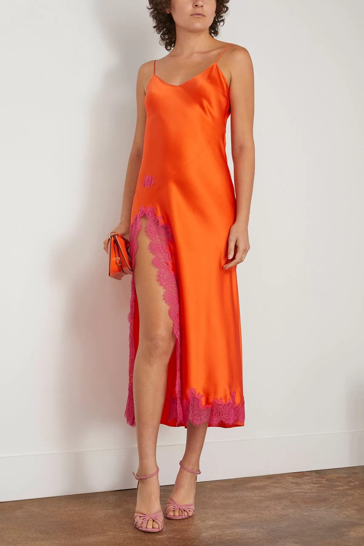 Lace Applique High Slit Slip in Tangerine