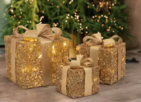 LED Gold Tinsel Presents (3pc)