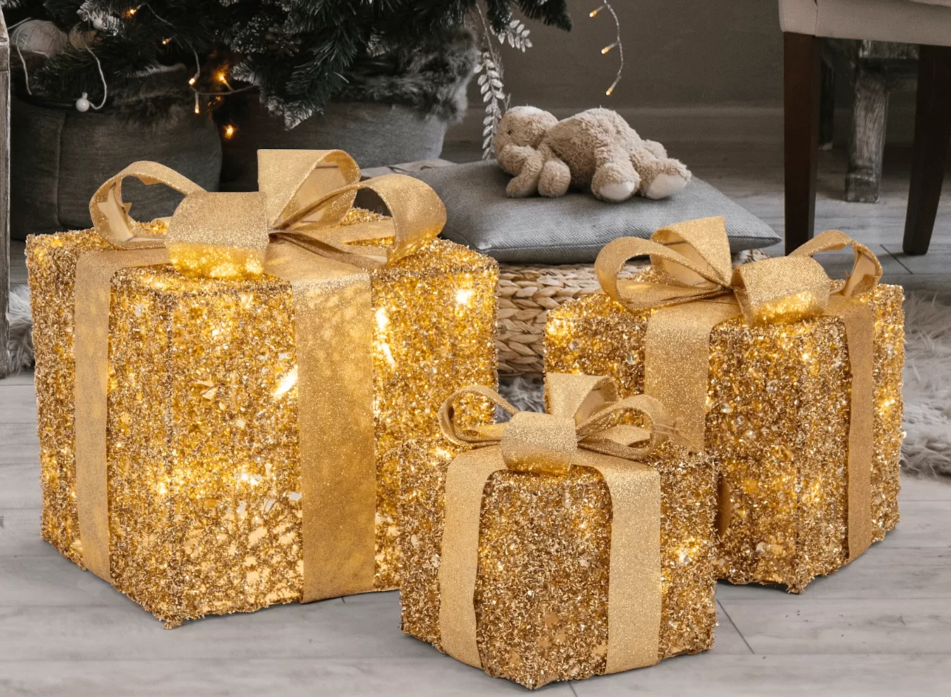 LED Gold Tinsel Presents (3pc)