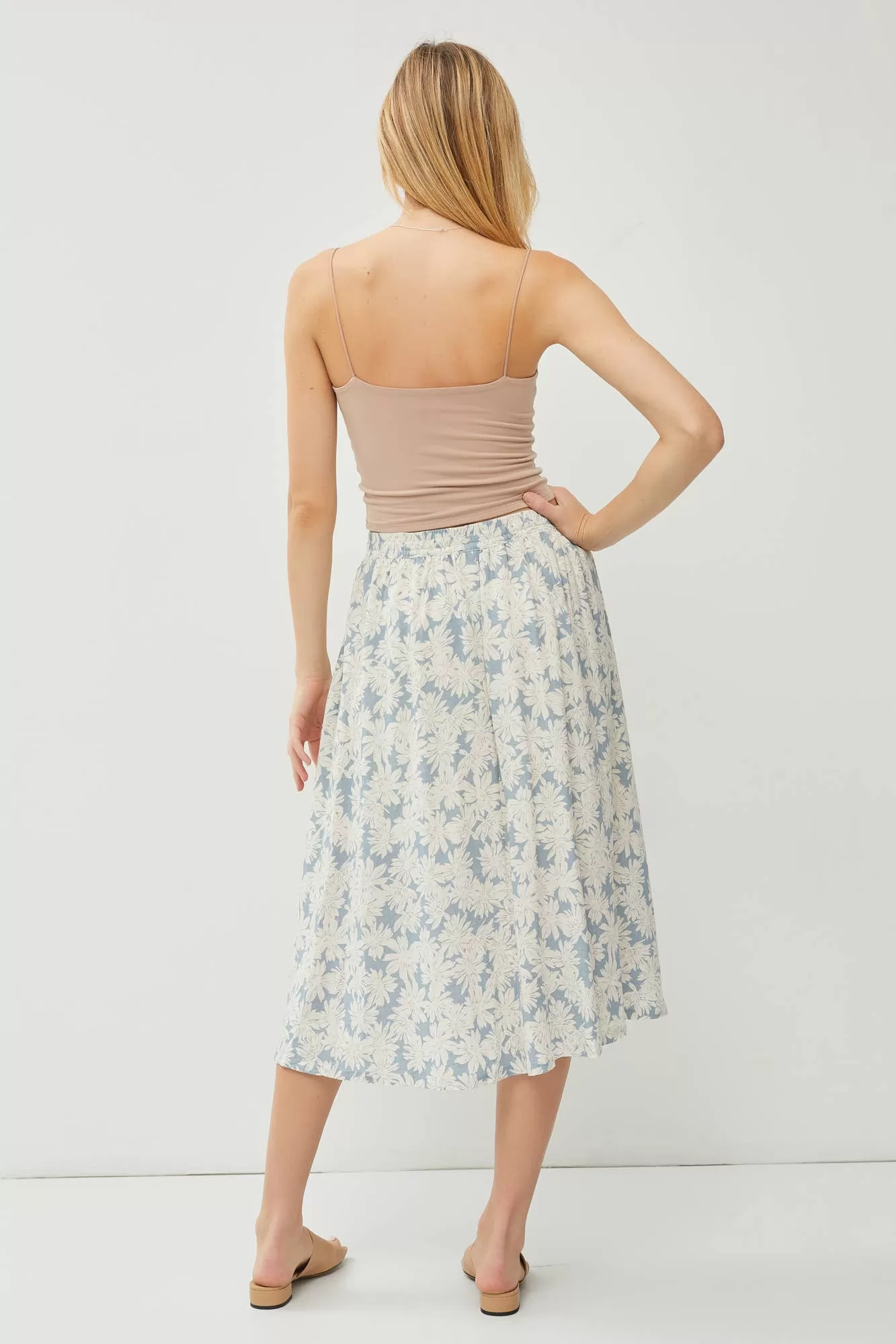 LINEN BLEND DRAWSTRING A-LINE FLARE MIDI SKIRTS