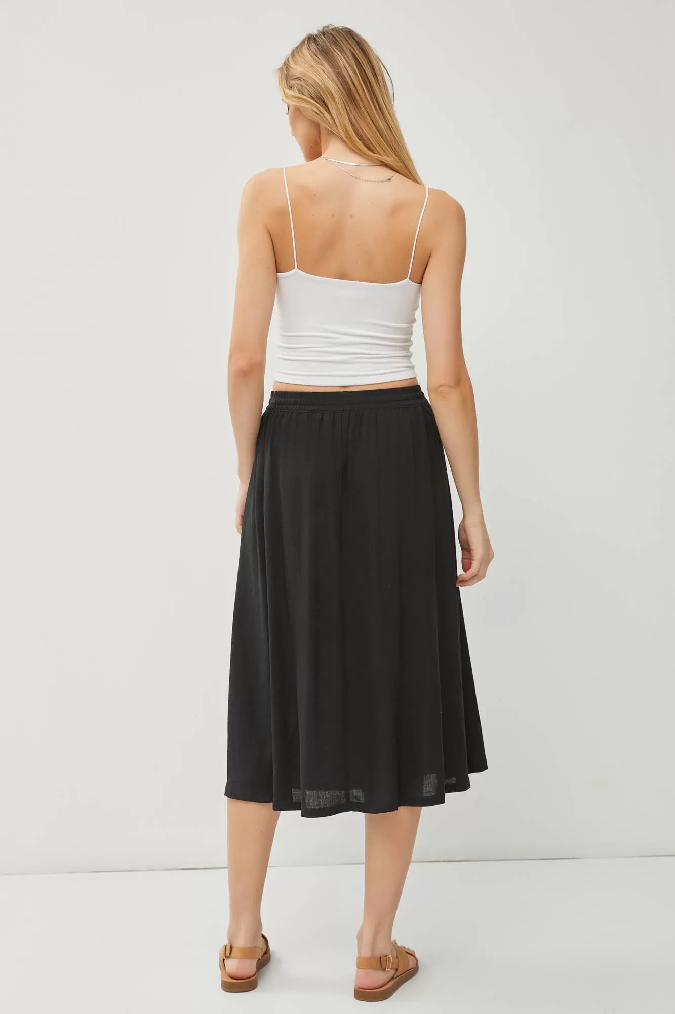 LINEN BLEND DRAWSTRING A-LINE FLARE MIDI SKIRTS