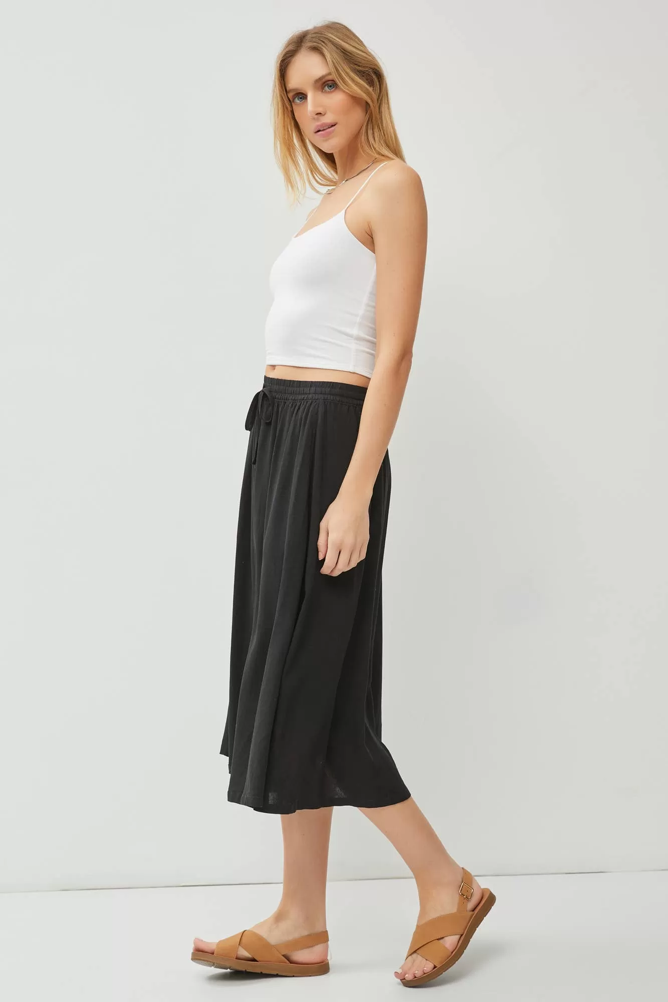 LINEN BLEND DRAWSTRING A-LINE FLARE MIDI SKIRTS