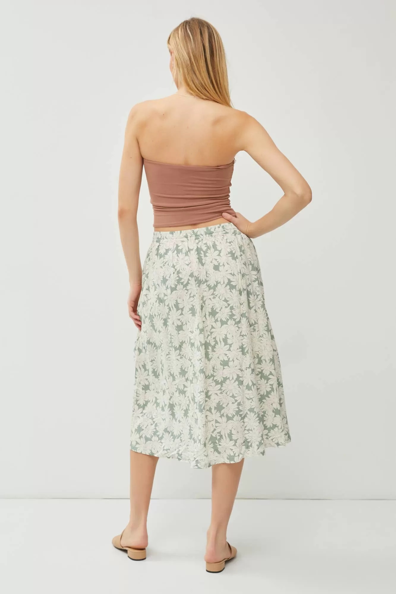 LINEN BLEND DRAWSTRING A-LINE FLARE MIDI SKIRTS