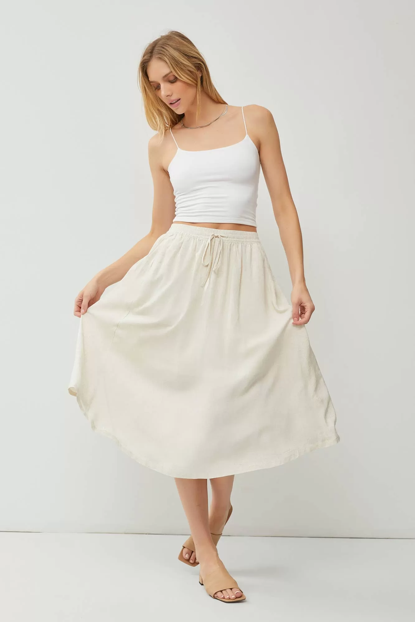 LINEN BLEND DRAWSTRING A-LINE FLARE MIDI SKIRTS