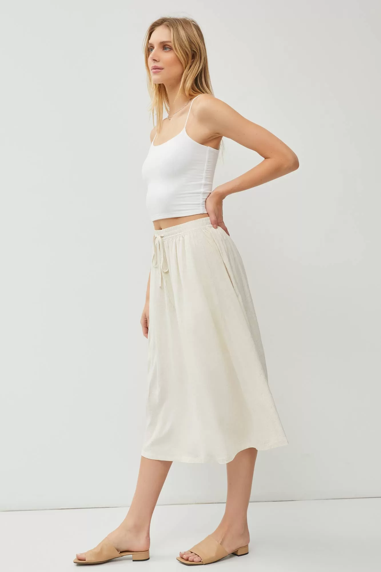 LINEN BLEND DRAWSTRING A-LINE FLARE MIDI SKIRTS