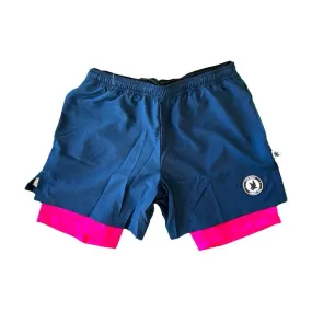 Mens 2-1 Solid Compression Navy with Neon Pink Liner 7" Short