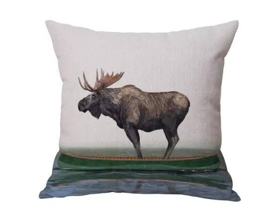 MOOSE STANDING ON A GREEN CANOE THROW CUSHION 18X18"