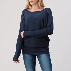 Navy Ribbed Dolman Top - T342