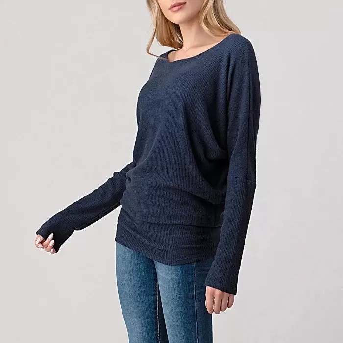 Navy Ribbed Dolman Top - T342