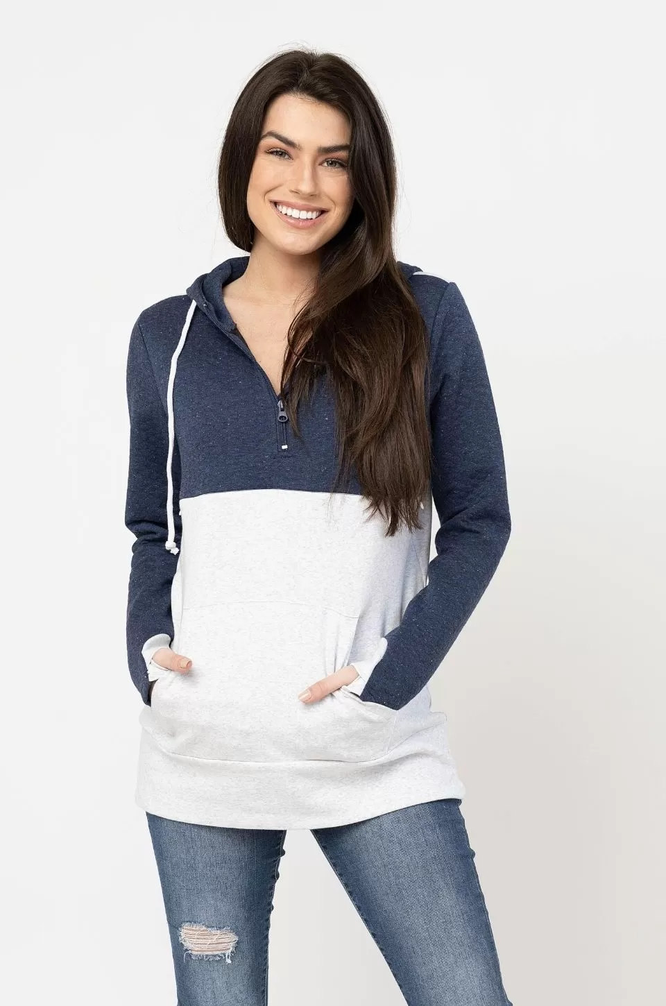 Nursing Hoodie - Quarter Zip - Hidden Zipper - Blue Waffle