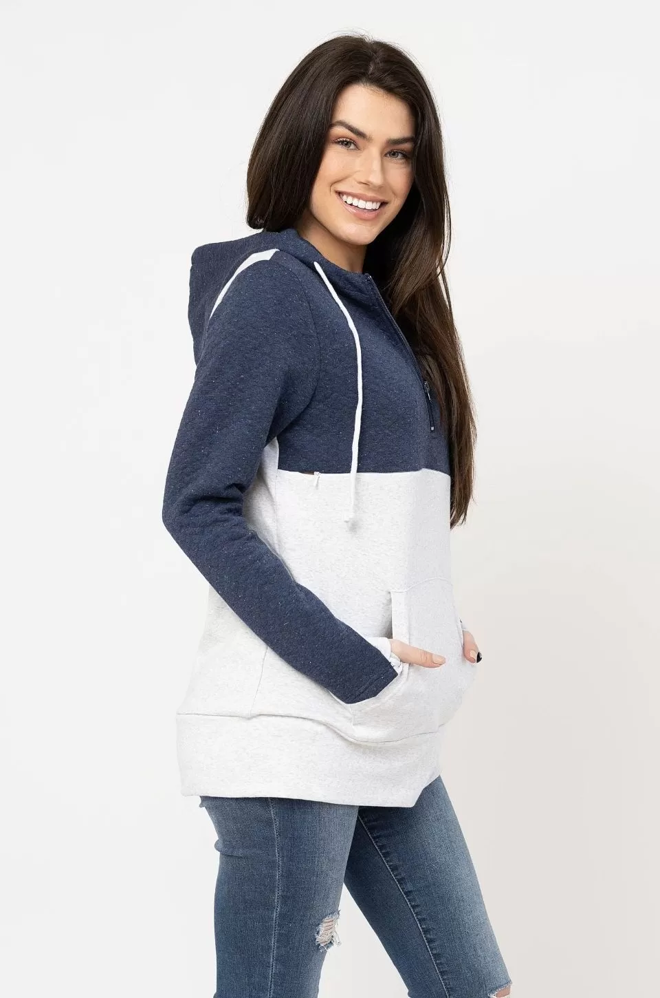 Nursing Hoodie - Quarter Zip - Hidden Zipper - Blue Waffle