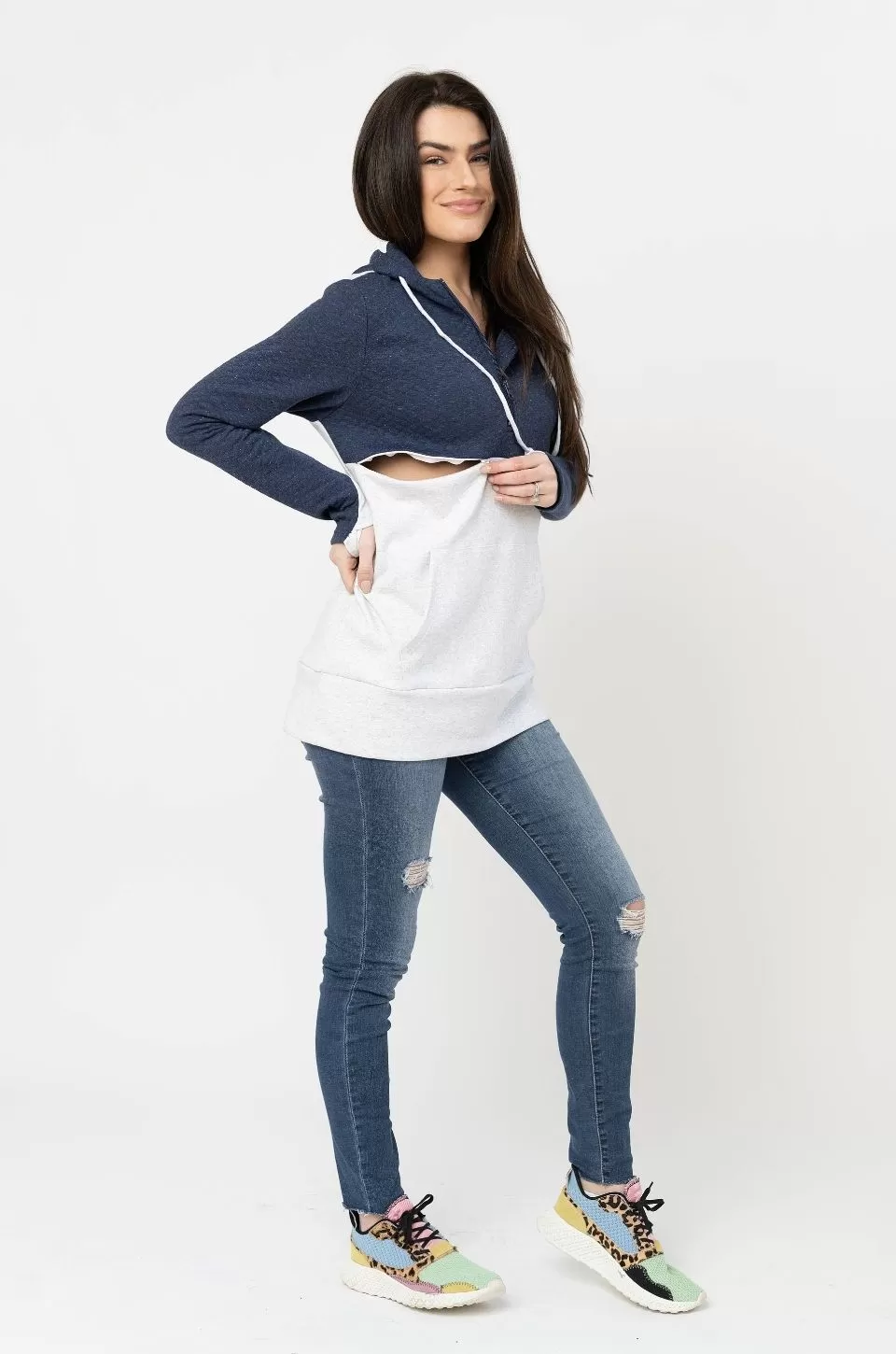 Nursing Hoodie - Quarter Zip - Hidden Zipper - Blue Waffle