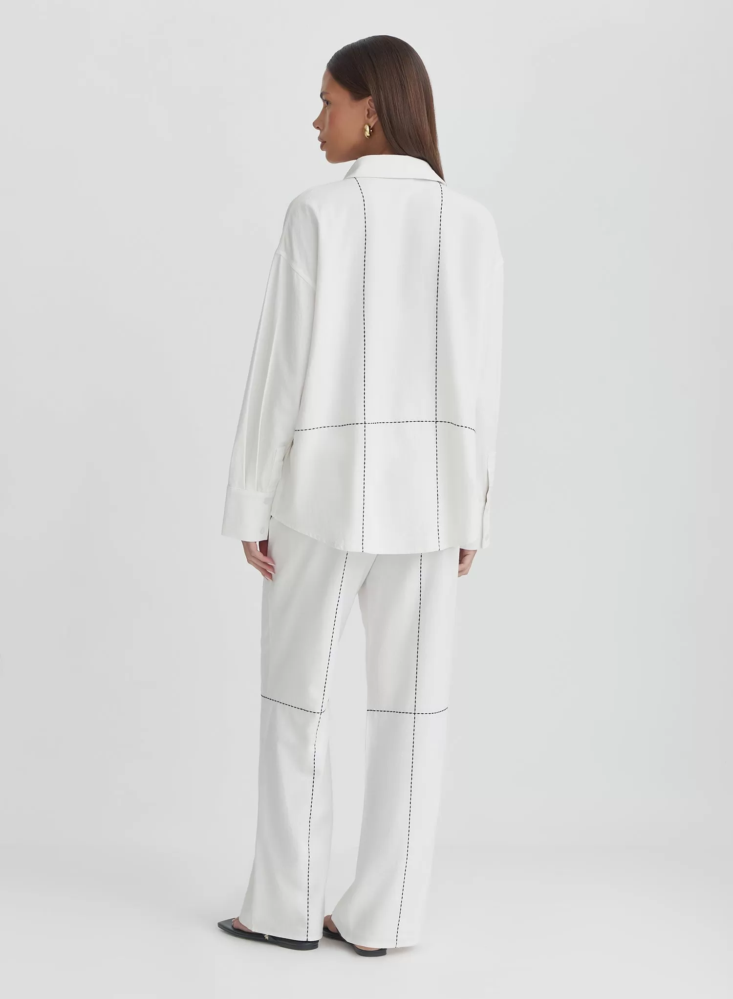 Off White Contrast Stitch Linen Oversized Shirt- Genevive