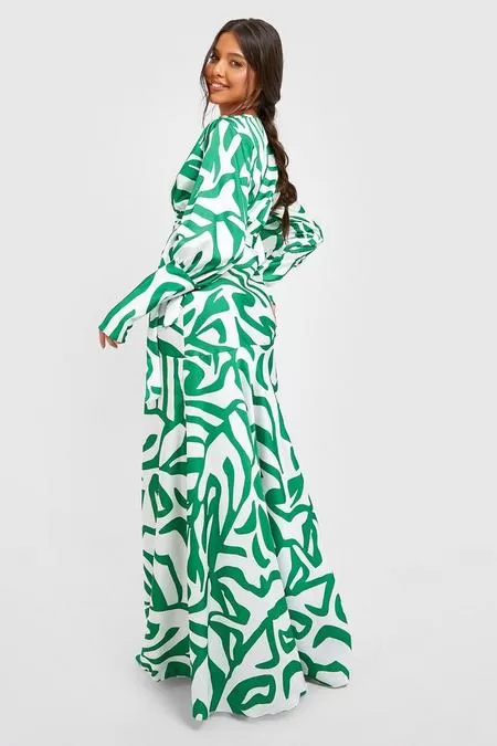 Printed satin side split belted maxi dress