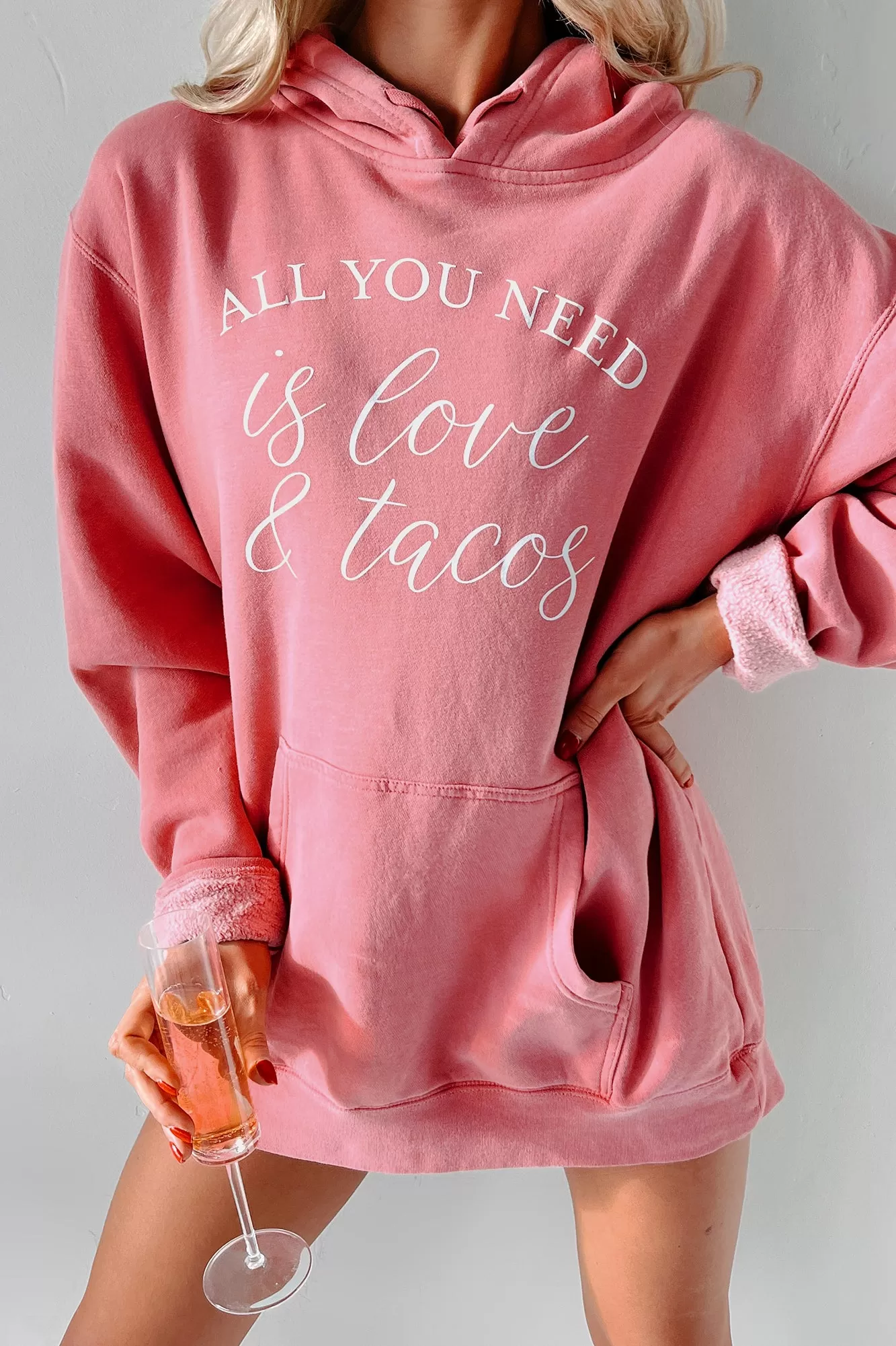 "All You Need Is Love & Tacos" Vintage Wash Graphic Hoodie (Pink) - Print On Demand