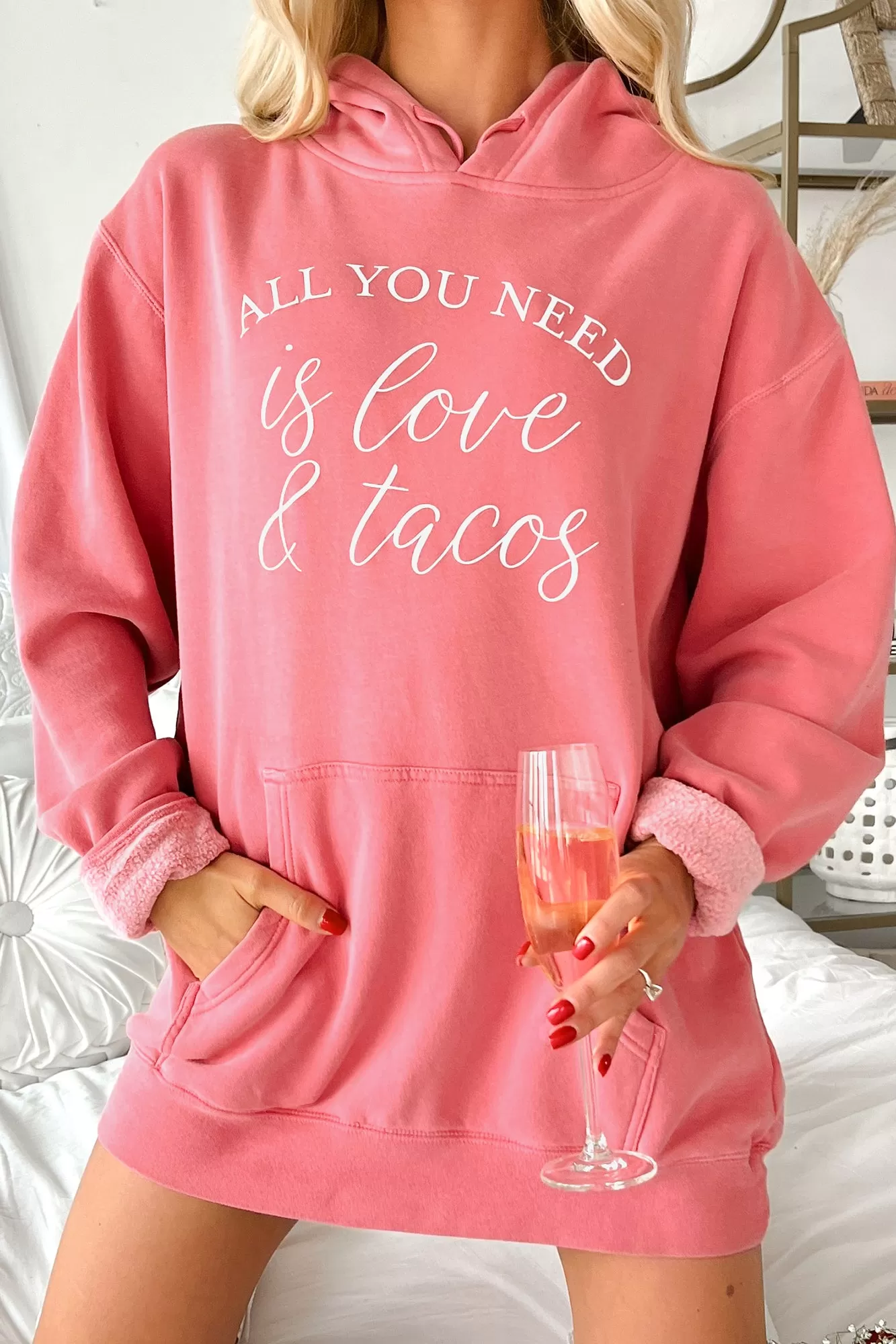 "All You Need Is Love & Tacos" Vintage Wash Graphic Hoodie (Pink) - Print On Demand