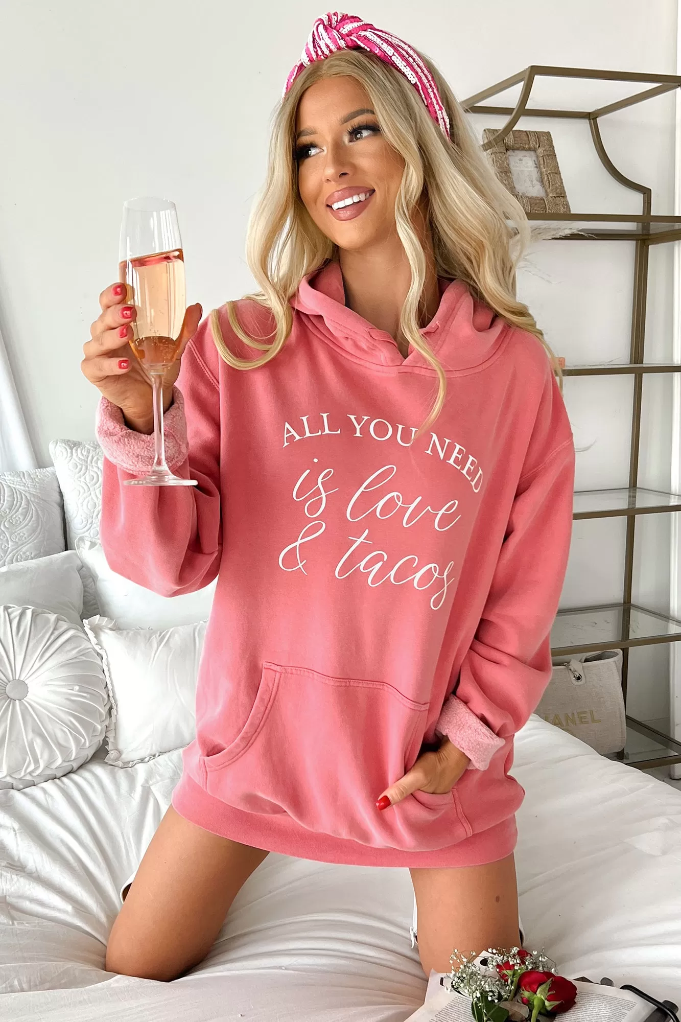 "All You Need Is Love & Tacos" Vintage Wash Graphic Hoodie (Pink) - Print On Demand