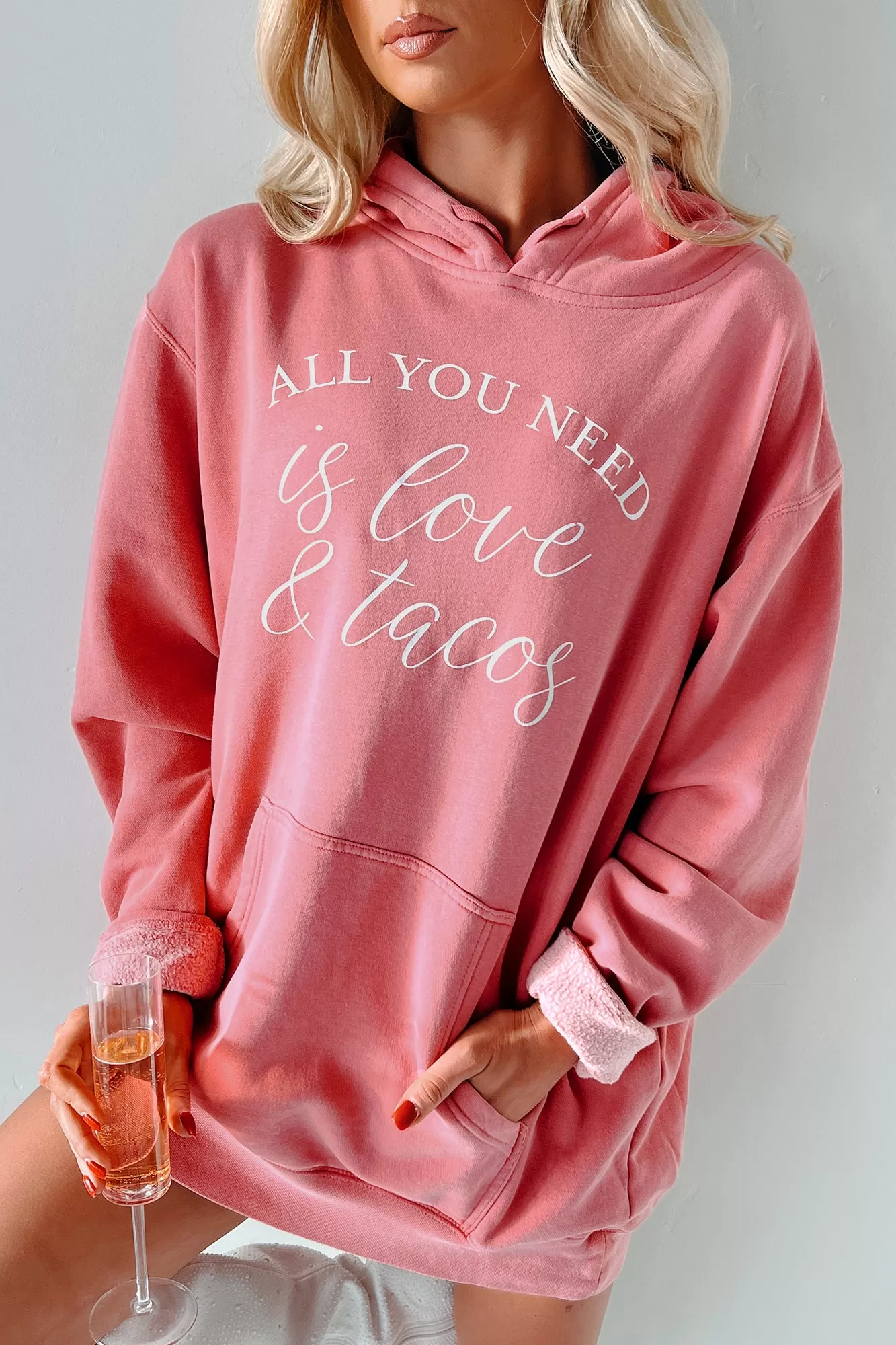 "All You Need Is Love & Tacos" Vintage Wash Graphic Hoodie (Pink) - Print On Demand