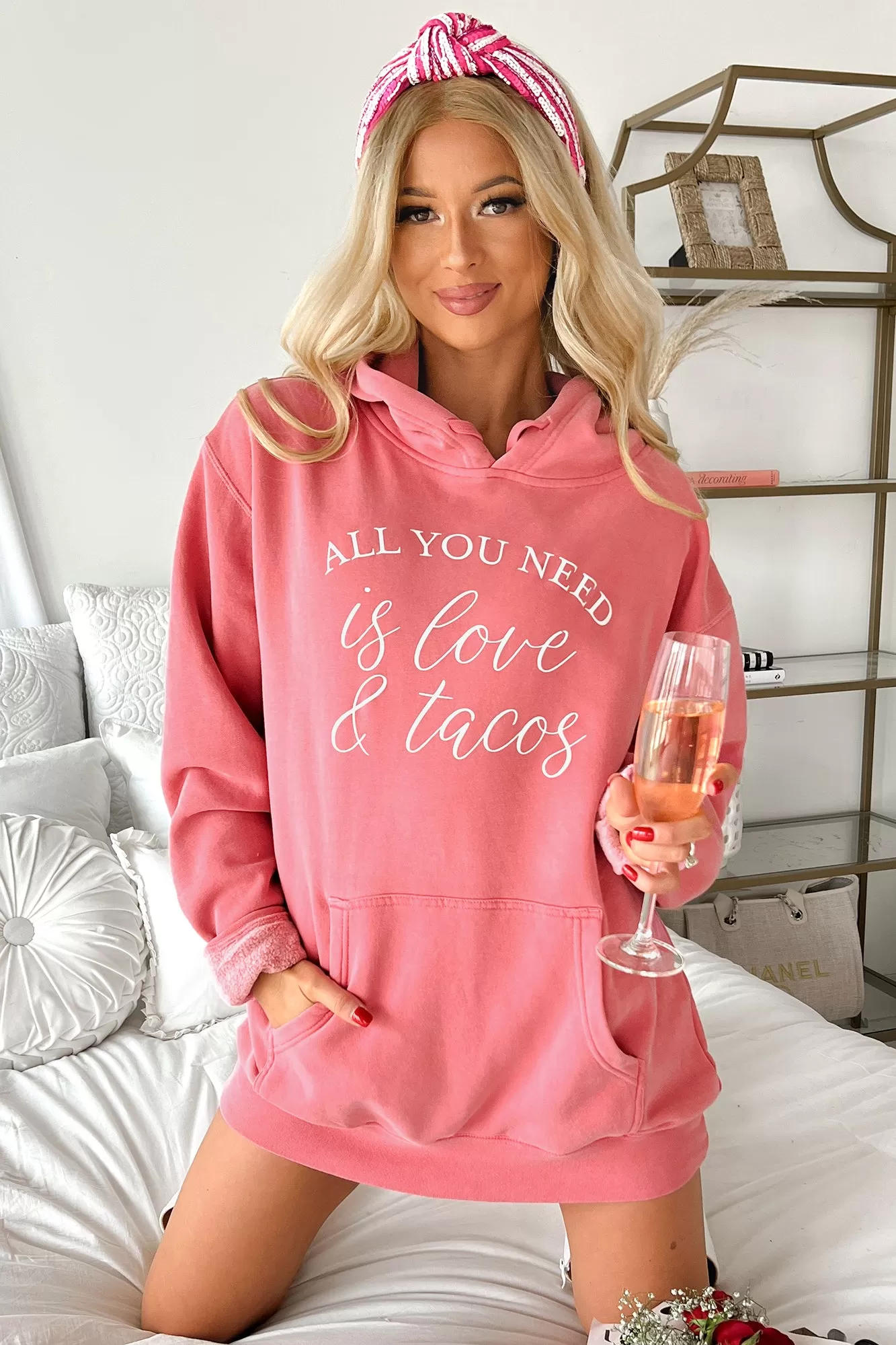 "All You Need Is Love & Tacos" Vintage Wash Graphic Hoodie (Pink) - Print On Demand