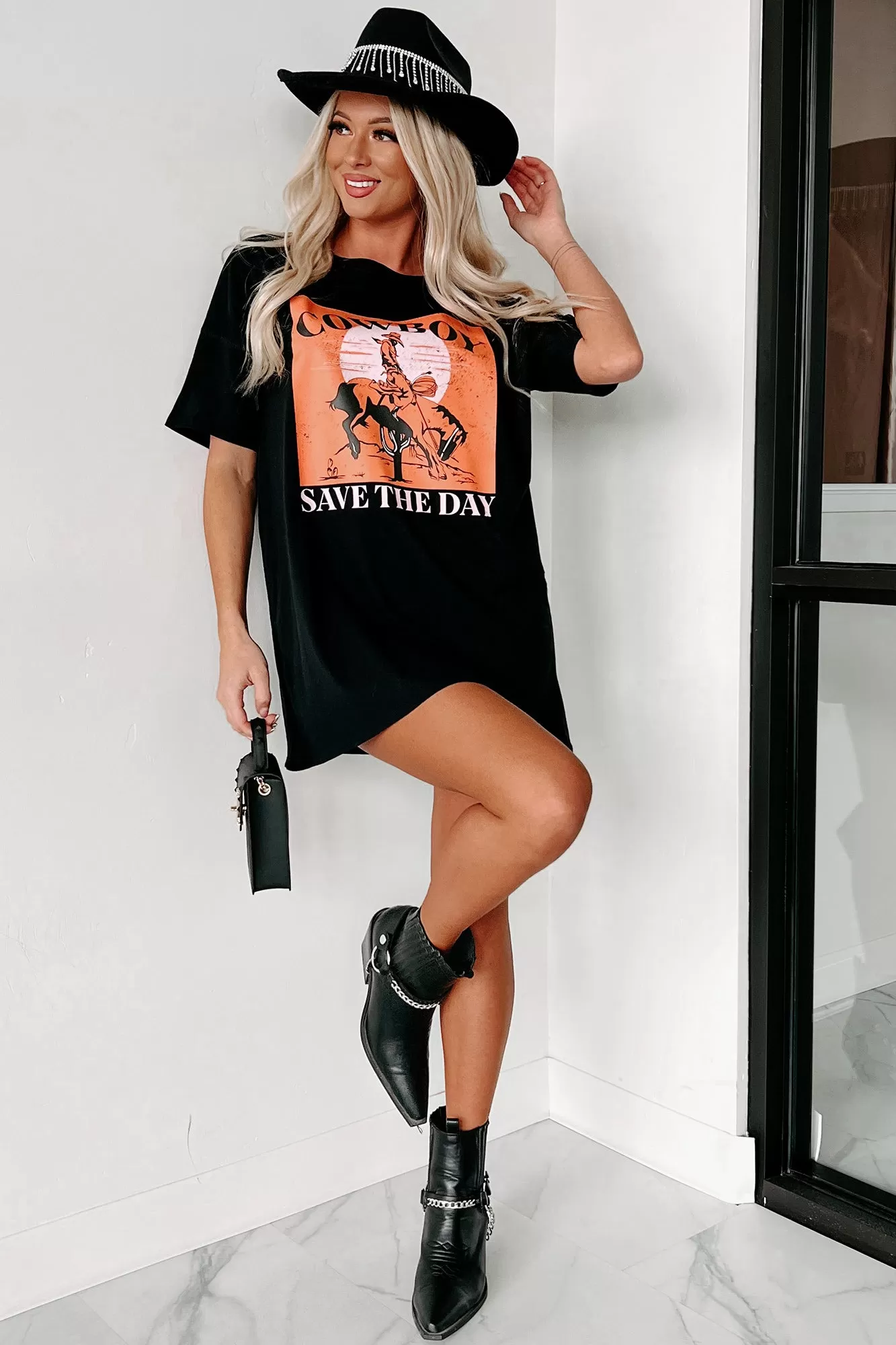 "Cowboy Save The Day" Oversized Graphic T-Shirt Dress (Black) - Print On Demand