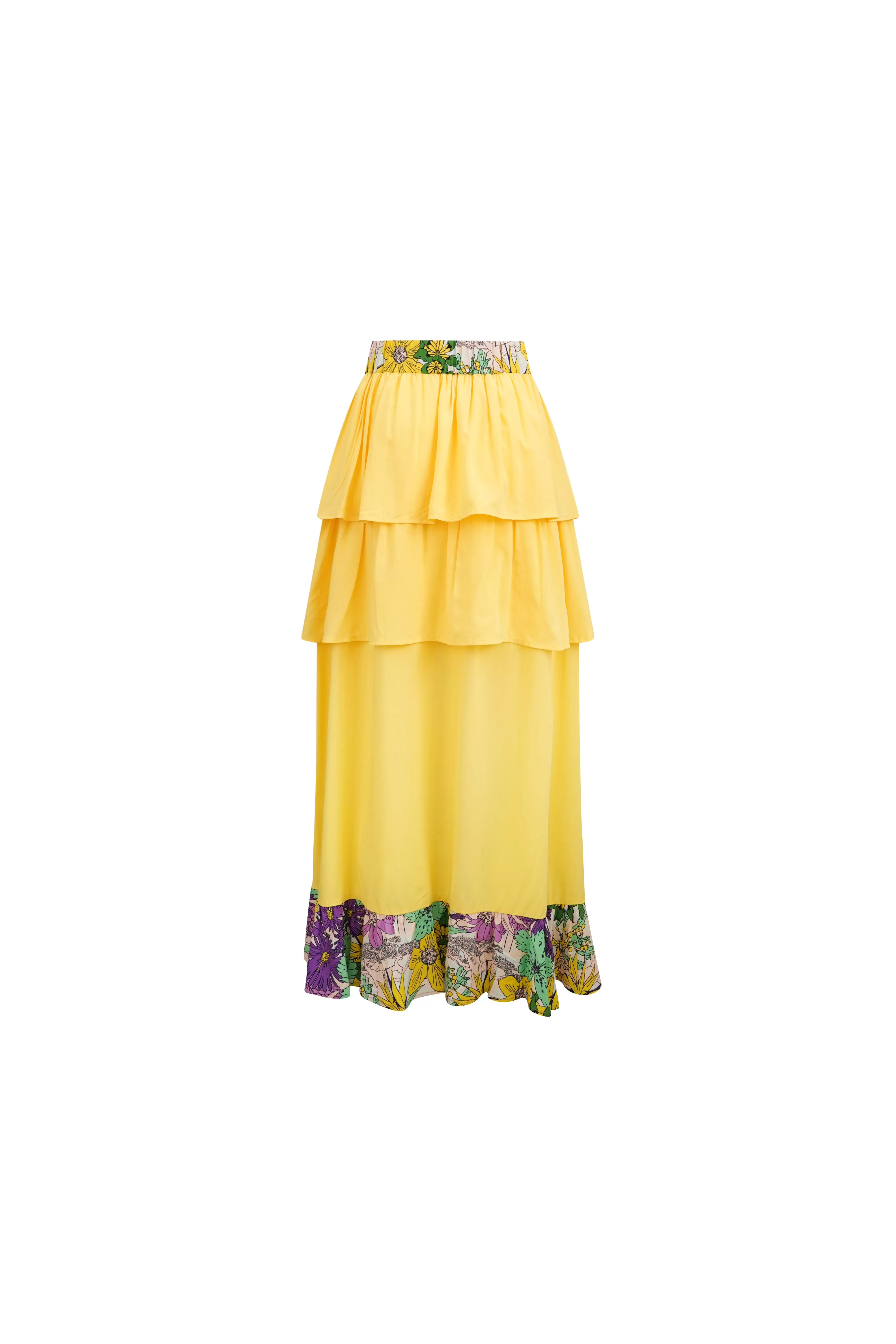 Safira Tiered Ruffle Asymmetric Flowy Skirt - Yellow Pink Garden Mosaic Print | ILC OA OG