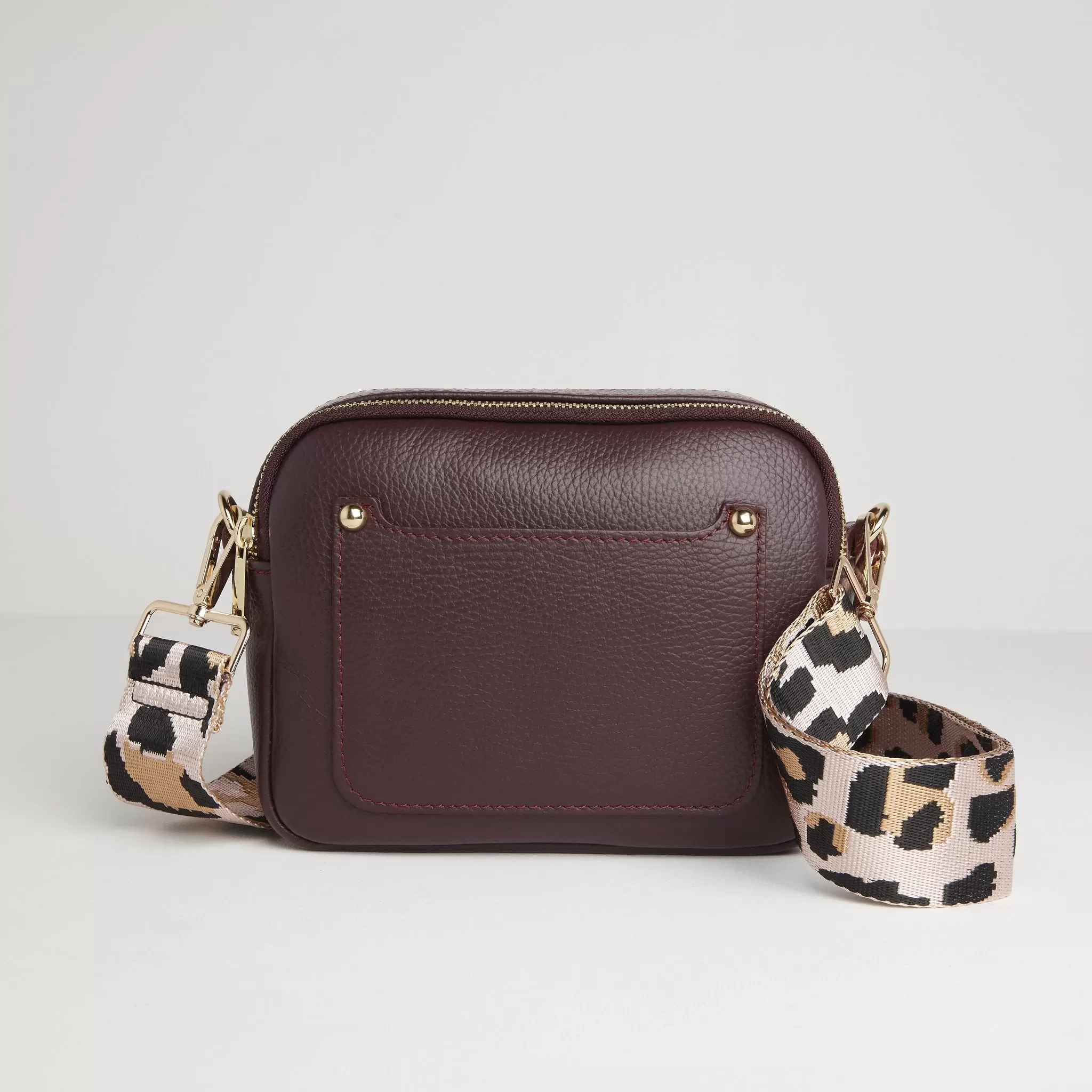 Sienna Crossbody Bag in Burgundy with Light Pink Leopard Strap