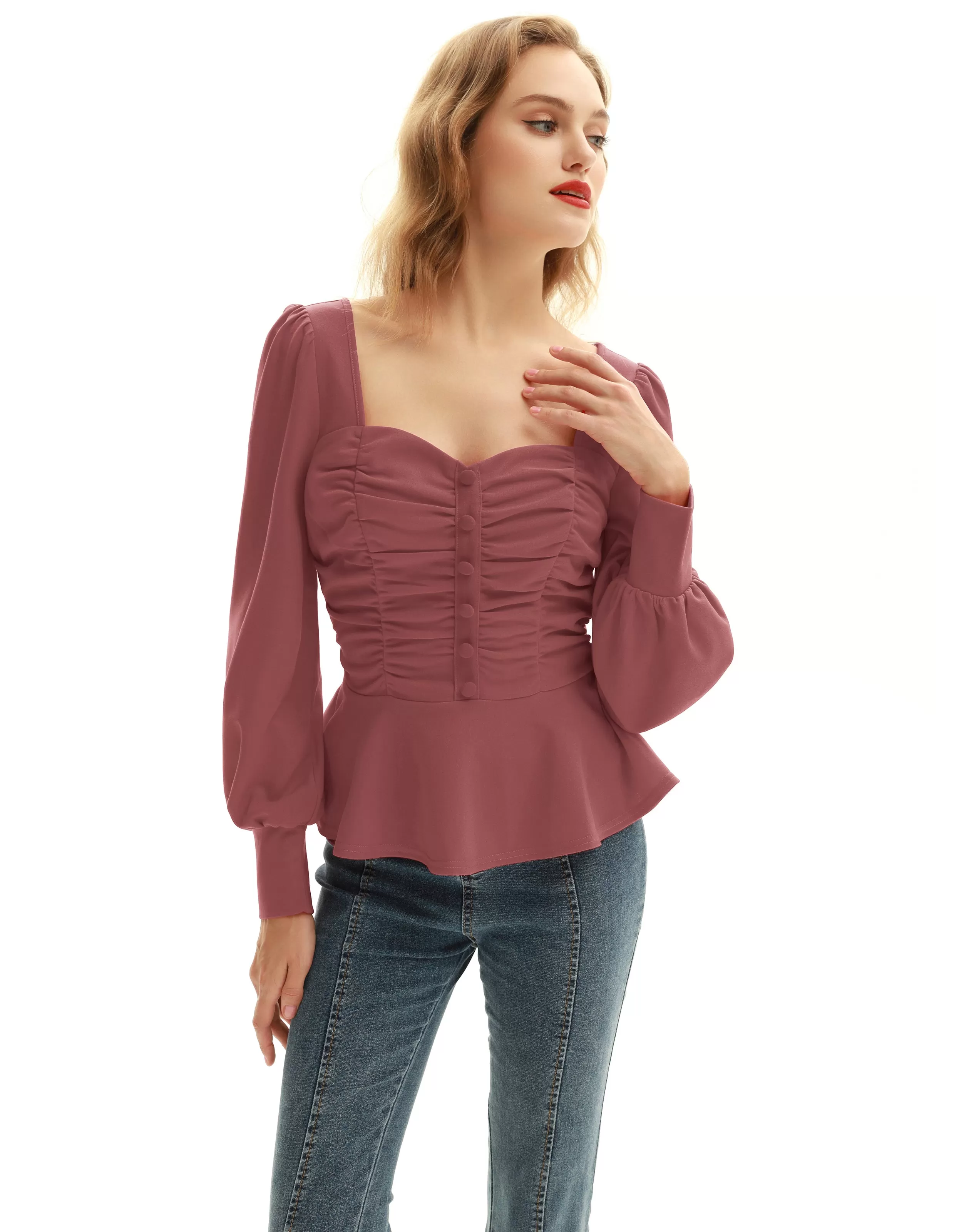 Vintage Lantern Sleeve Blouse Ruched Sweetheart Neck Peplum Top