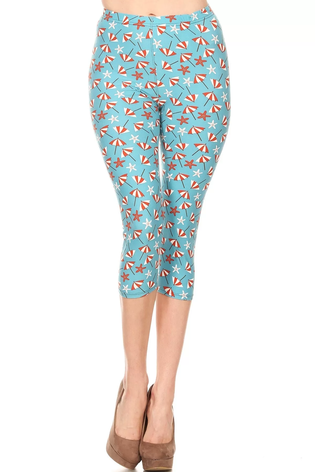 Women's Plus colorful Beach Umbrella Starfish Printed Cropped Capri Leggings