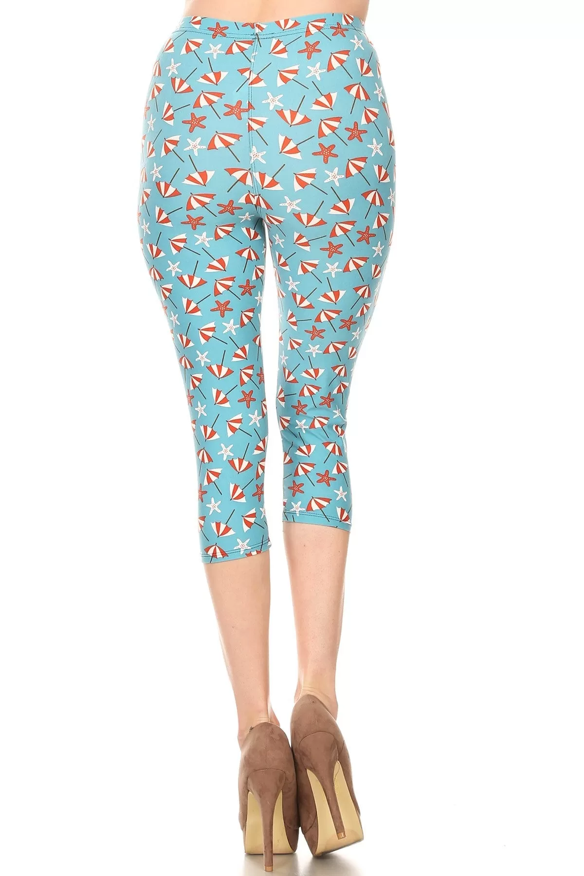 Women's Plus colorful Beach Umbrella Starfish Printed Cropped Capri Leggings