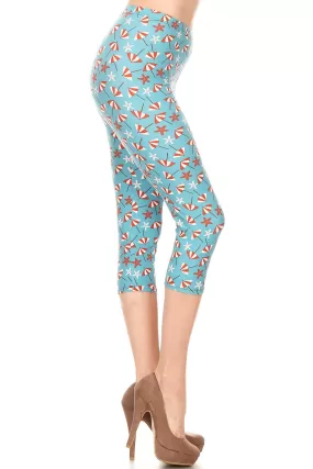 Women's Plus colorful Beach Umbrella Starfish Printed Cropped Capri Leggings