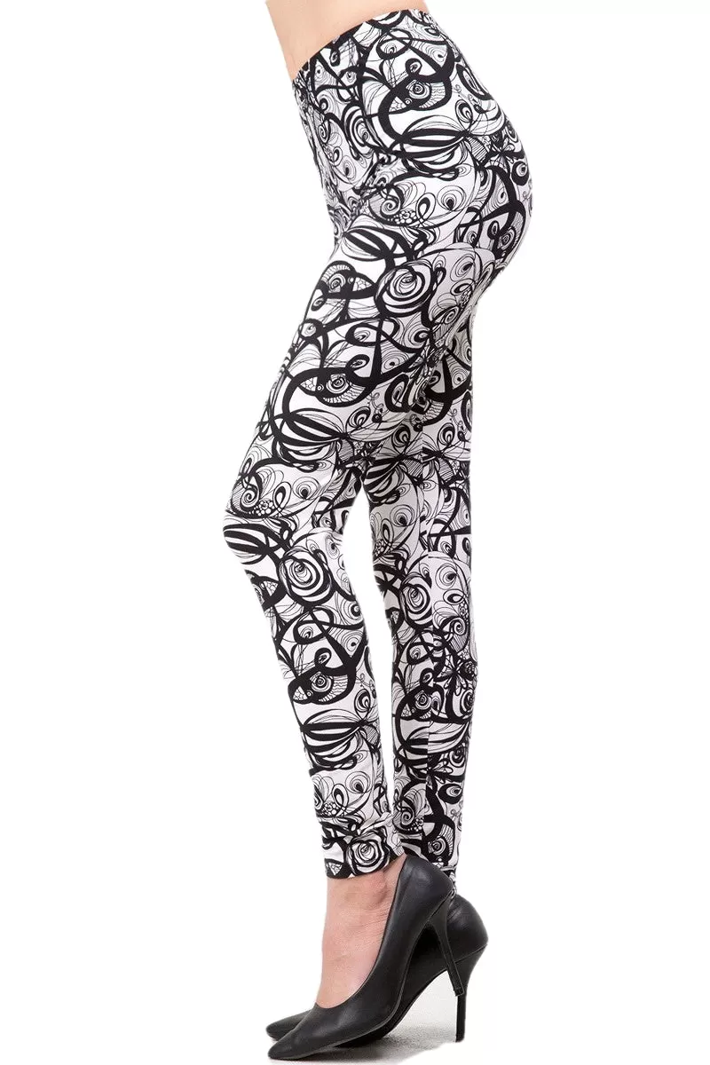 Women's Regular B&W Abstract Curve Pattern Printed Leggings