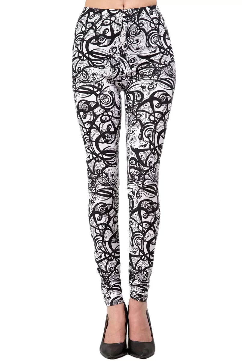 Women's Regular B&W Abstract Curve Pattern Printed Leggings