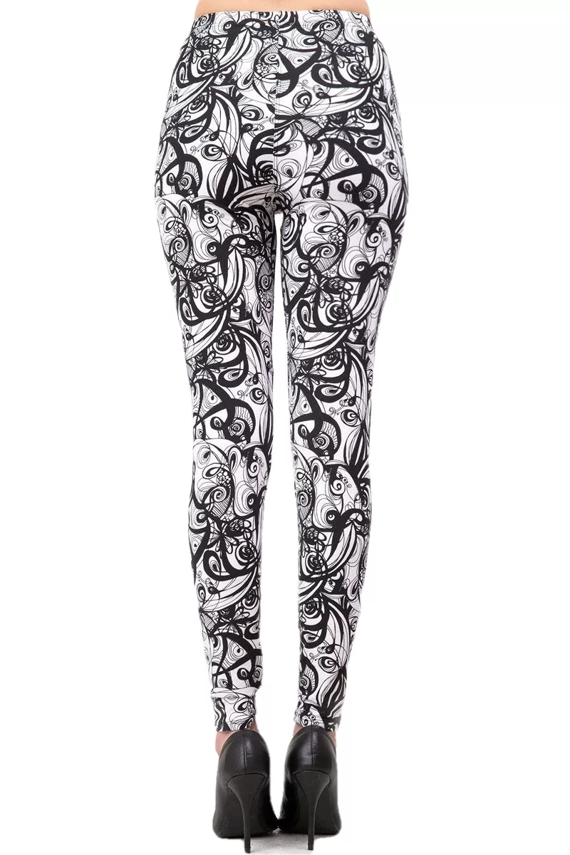 Women's Regular B&W Abstract Curve Pattern Printed Leggings